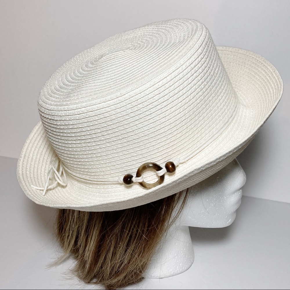 Cream Straw Boater Hat Beaded Rope Band NEW